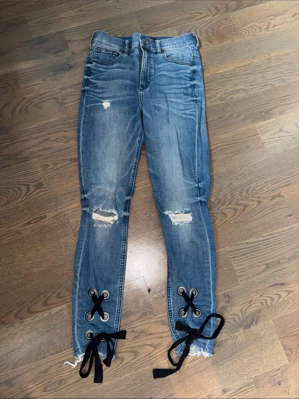 Express Blue Distressed Lace-Up Hem Ankle Jeans